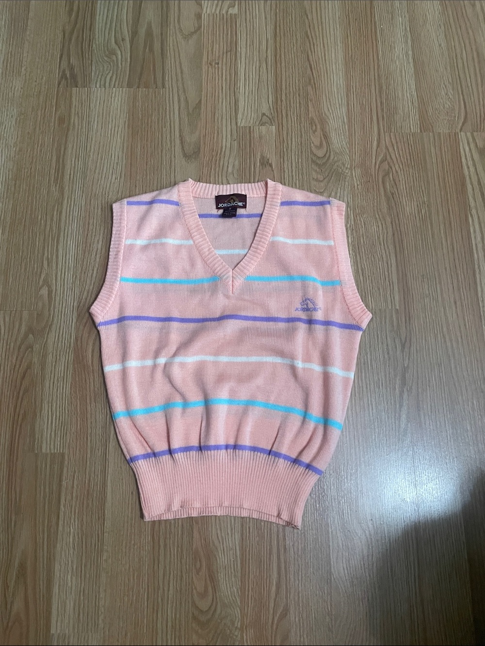 Jordache Peach V-Neck Striped Sweater Vest with Lavender & Aqua Accents